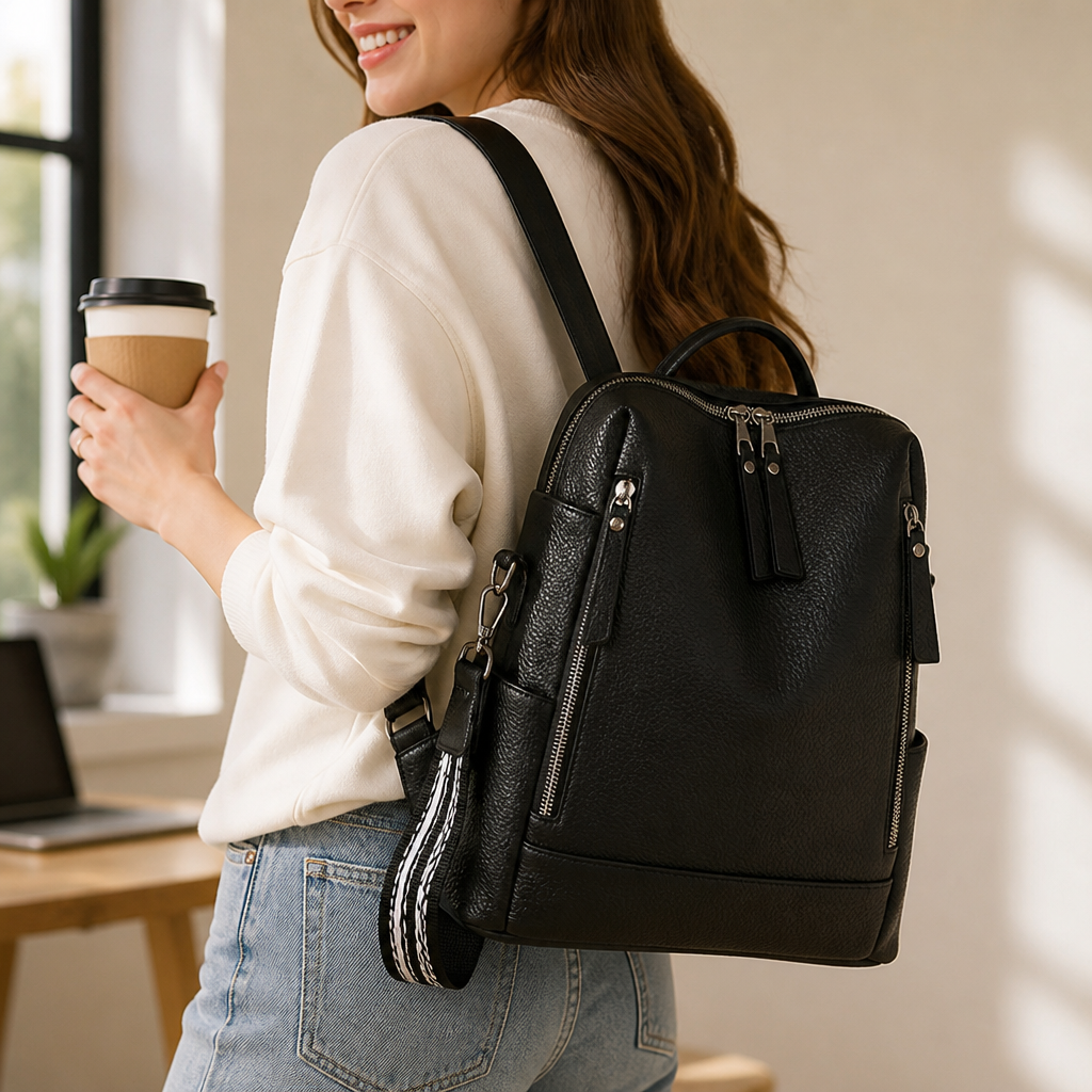 Textured Faux Leather Multi-Pocket Laptop Backpack