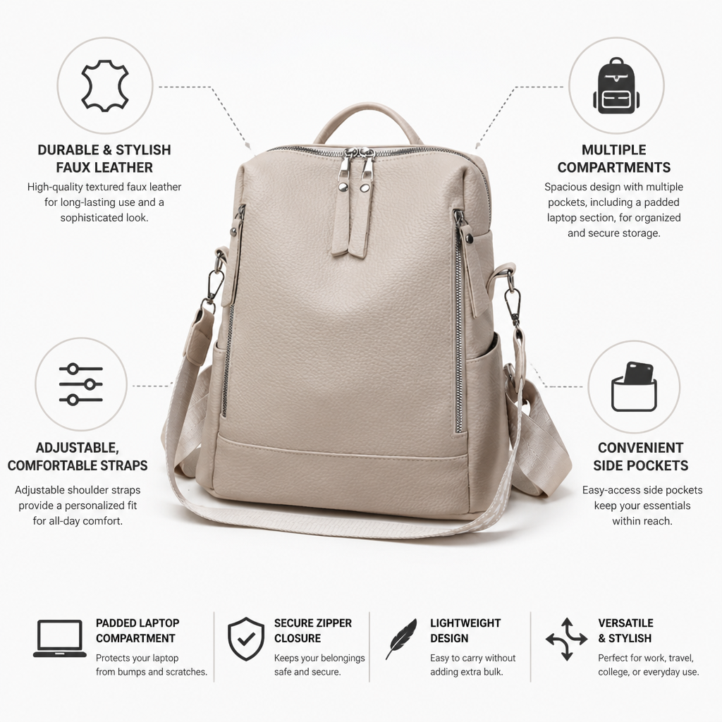 Textured Faux Leather Multi-Pocket Laptop Backpack