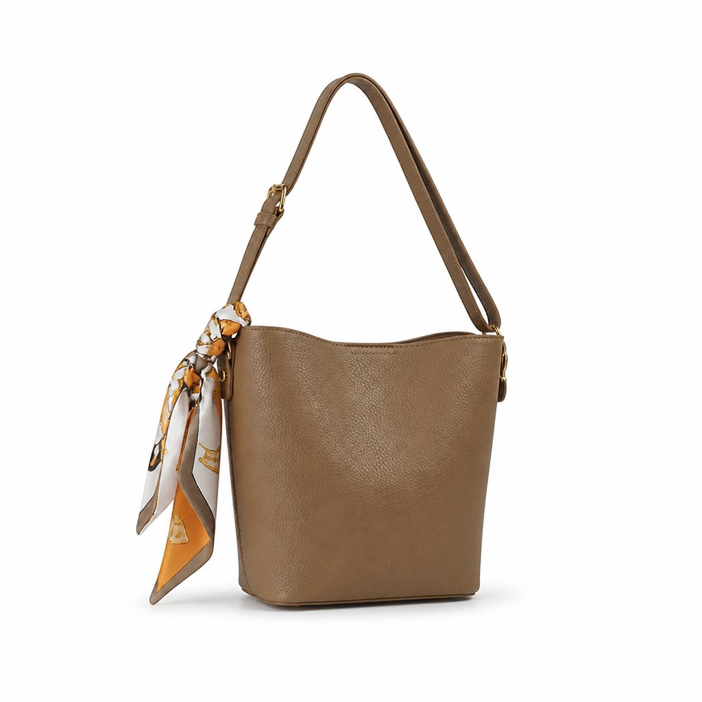 Textured Leather Bucket Bag (Adjustable Strap & Detachable Scarf)
