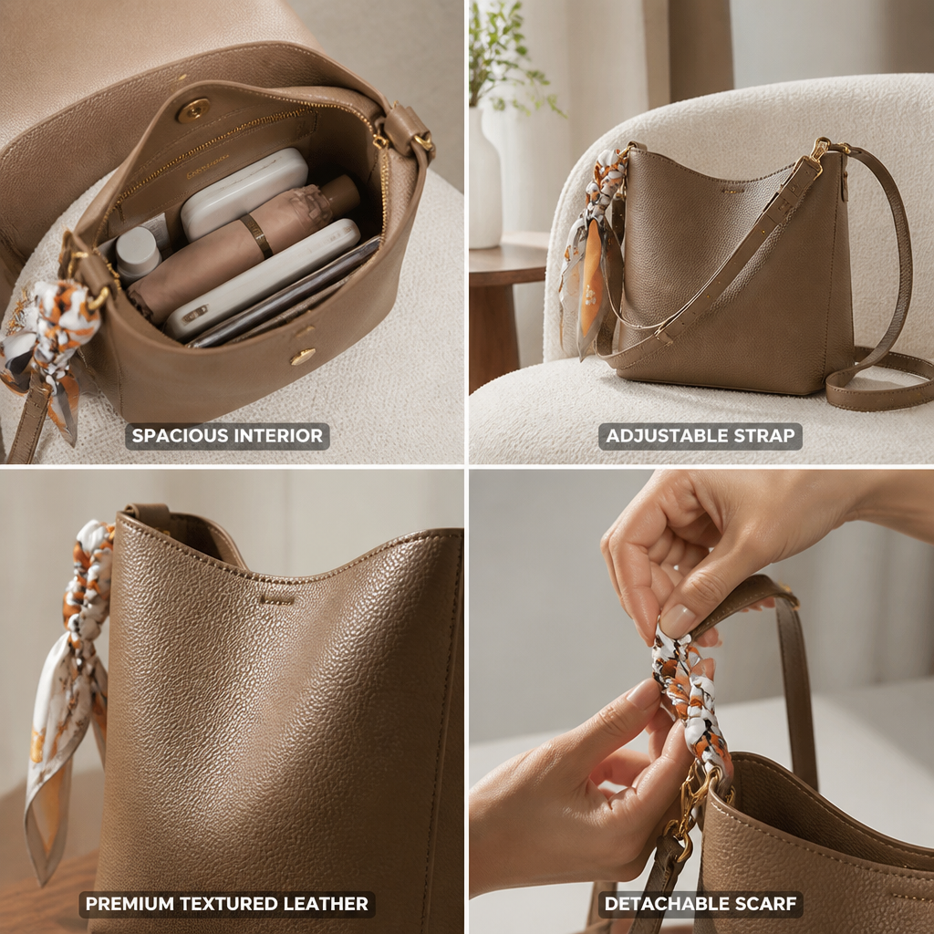 Textured Leather Bucket Bag (Adjustable Strap & Detachable Scarf)