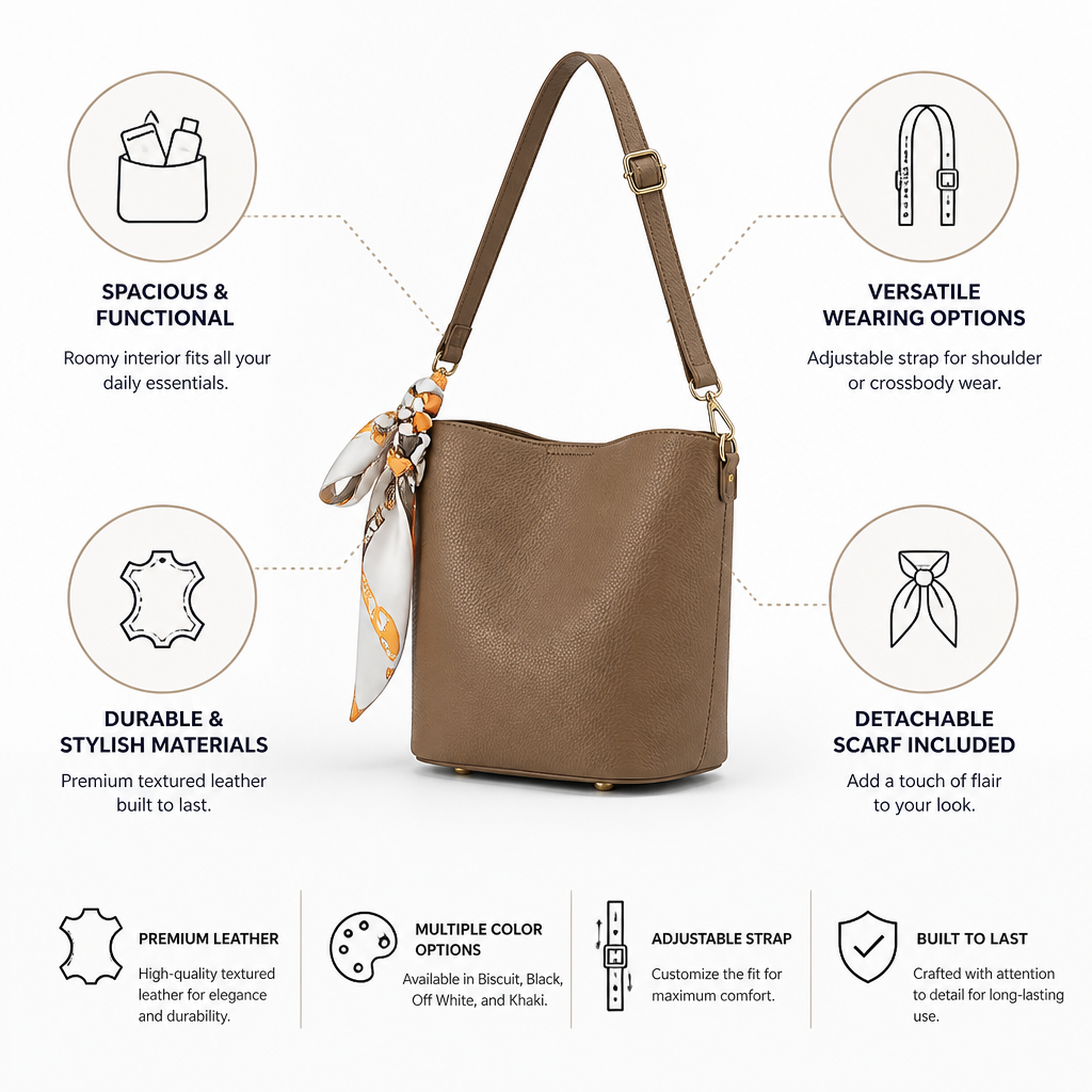 Textured Leather Bucket Bag (Adjustable Strap & Detachable Scarf)
