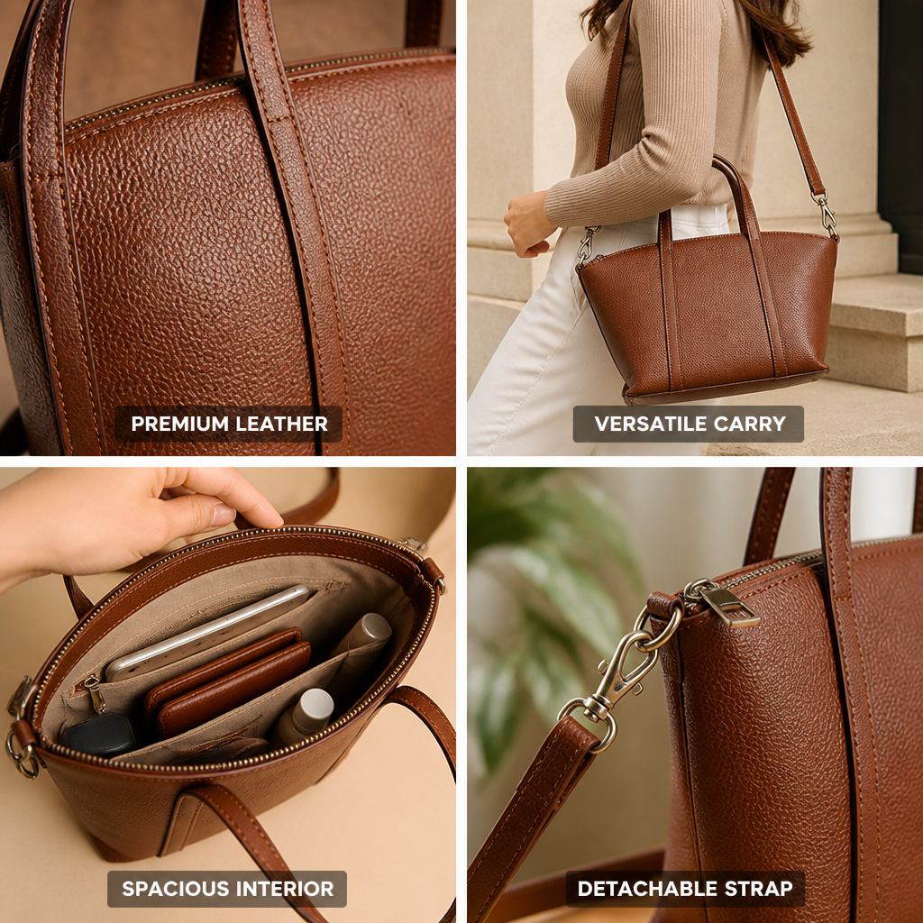 Textured Leather Convertible Handbag (Detachable Strap)