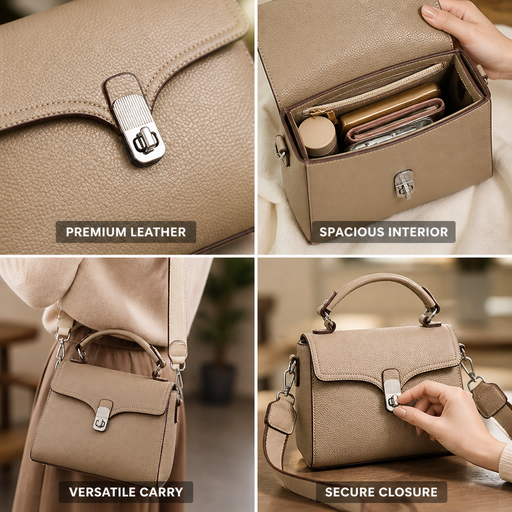 Textured Leather Structured Handbag (Detachable Strap & Locking Closure)