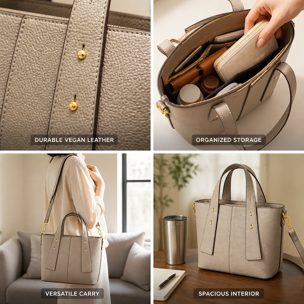 Textured Vegan Leather Multi-Pocket Tote (Detachable Shoulder Strap)