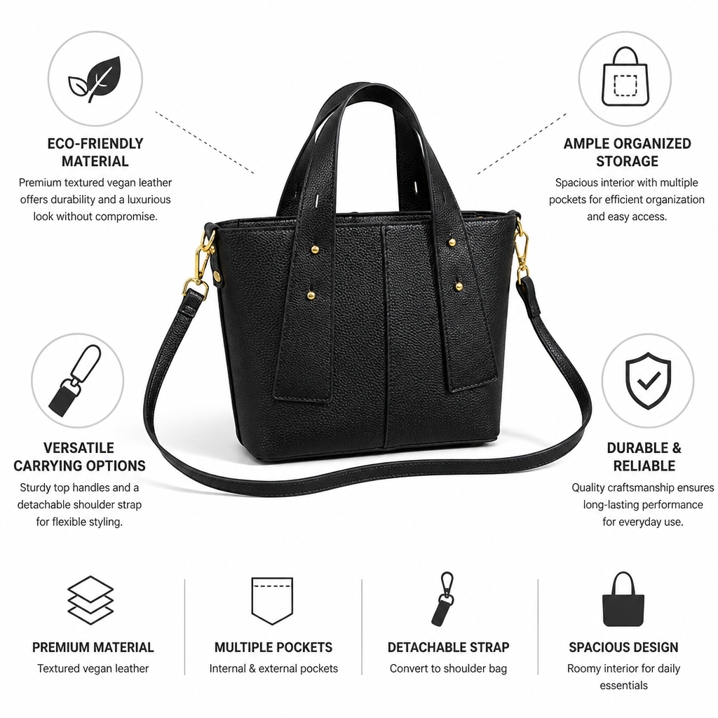 Textured Vegan Leather Multi-Pocket Tote (Detachable Shoulder Strap)