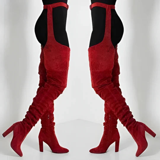 Thigh-High Boots Faux Suede Pointed Toe Chunky Heel