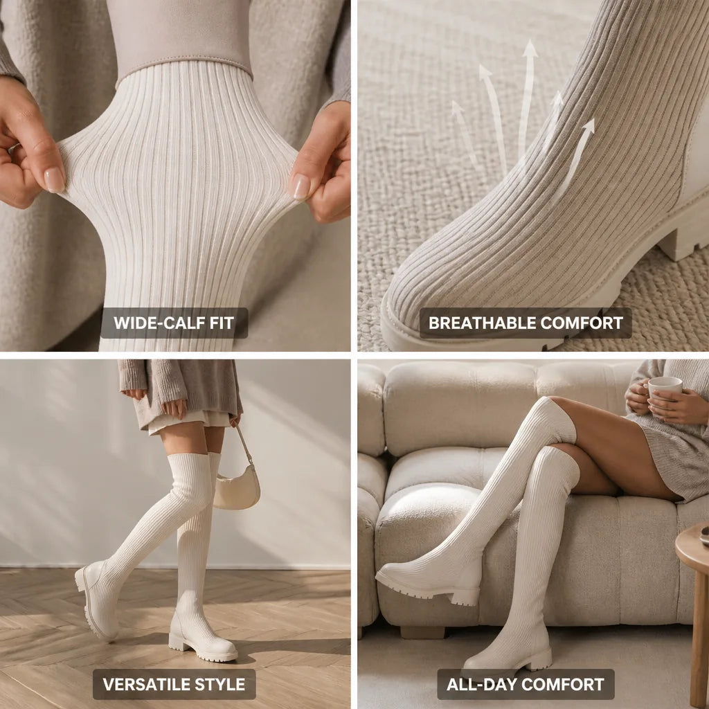 Thigh-High Boots Stretch Knit Wide-Calf Friendly Chunky Heel
