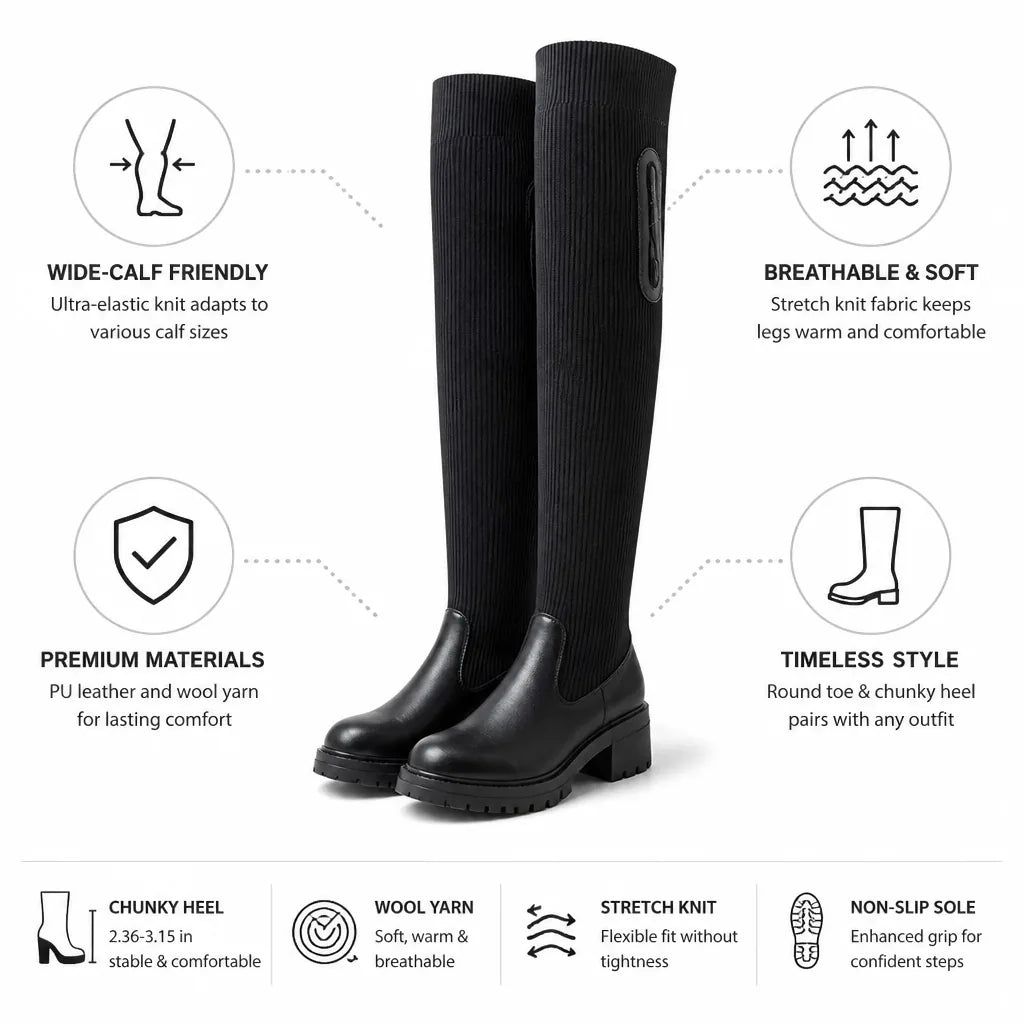 Thigh-High Boots Stretch Knit Wide-Calf Friendly Chunky Heel