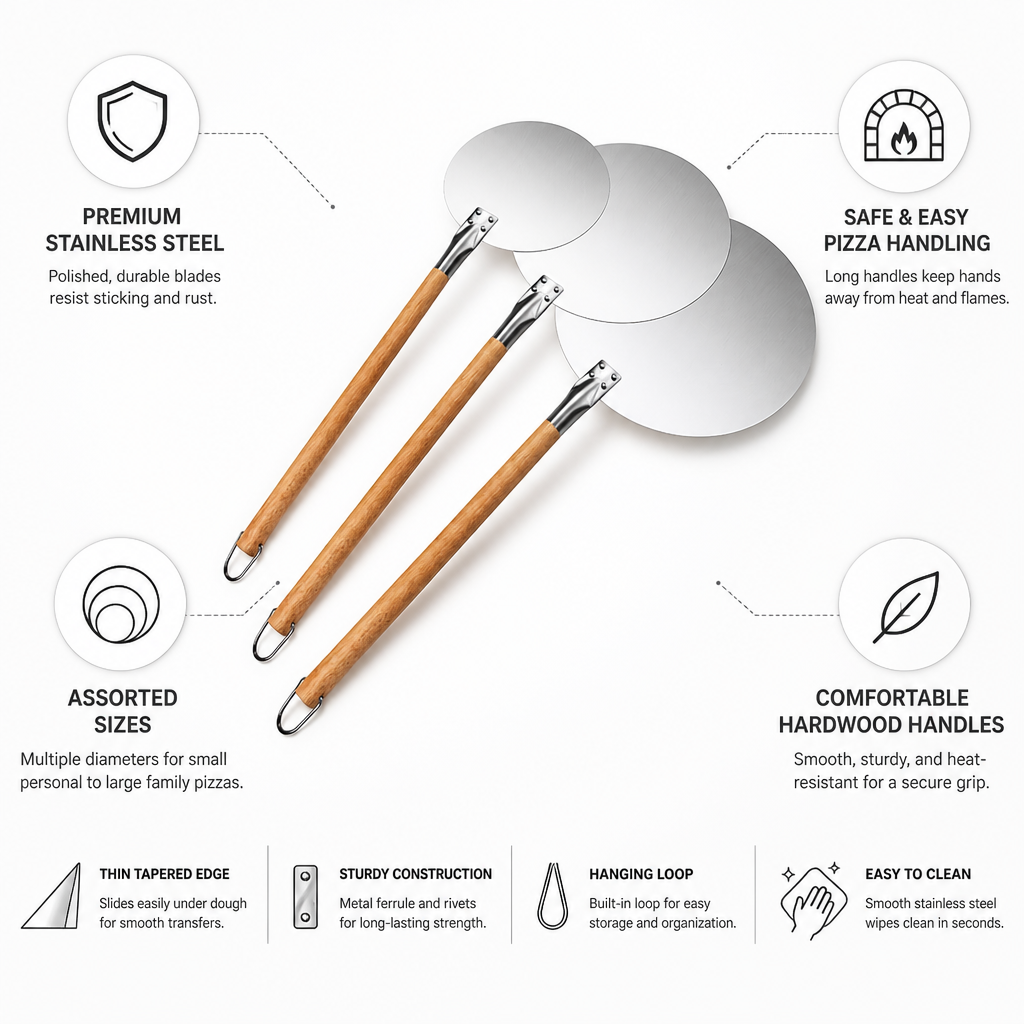Thin Tapered Stainless Steel Pizza Peel Set (Assorted Sizes)