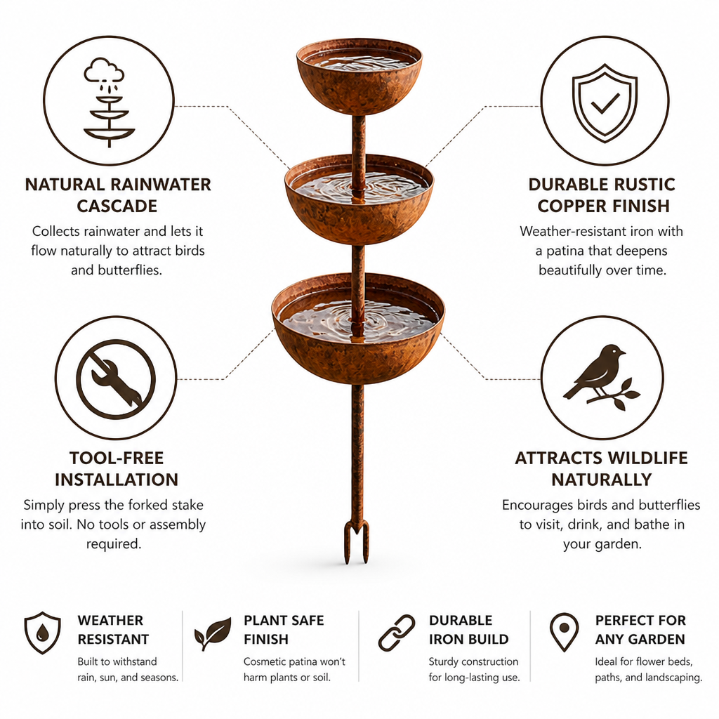 Three-Tier Rustic Copper Bird Bath Stake