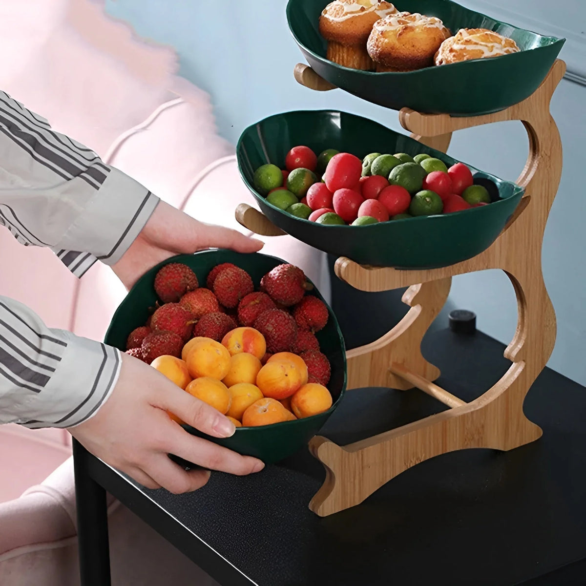 Three-Tier Serving Tray Wood Frame Removable Plastic Trays