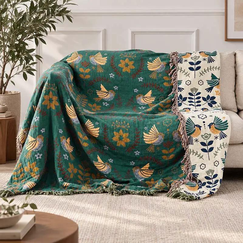 Throw Blanket 100% Cotton Reversible Bird Pattern