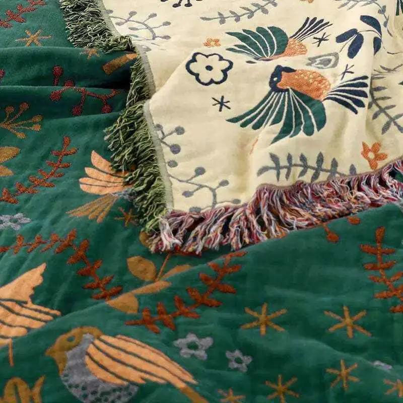 Throw Blanket 100% Cotton Reversible Bird Pattern