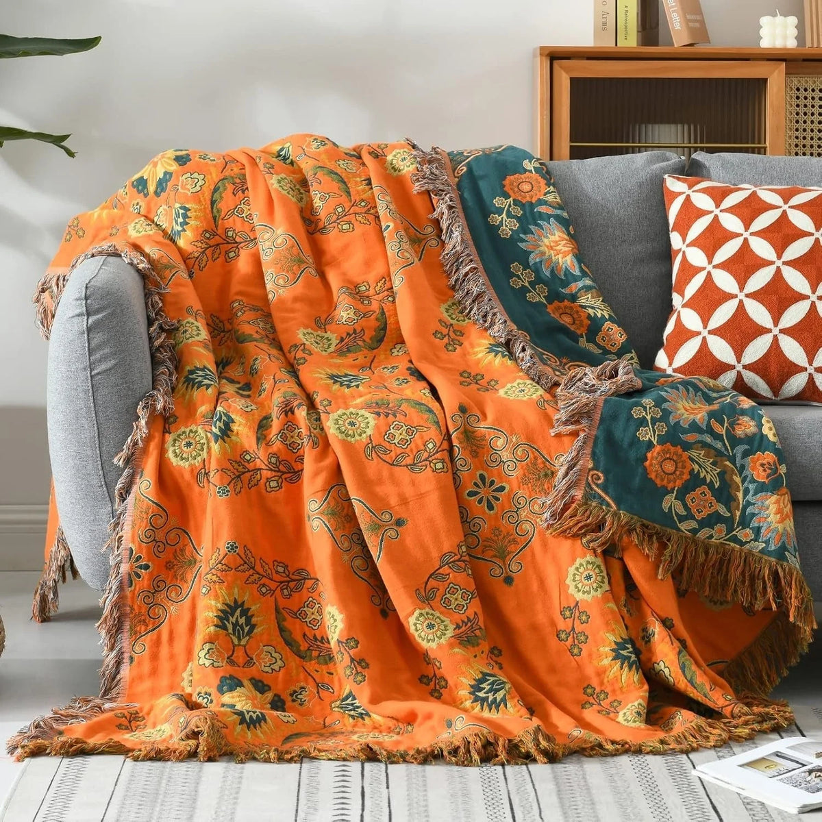 Throw Blanket Cotton Gauze Lightweight & Breathable Reversible Floral