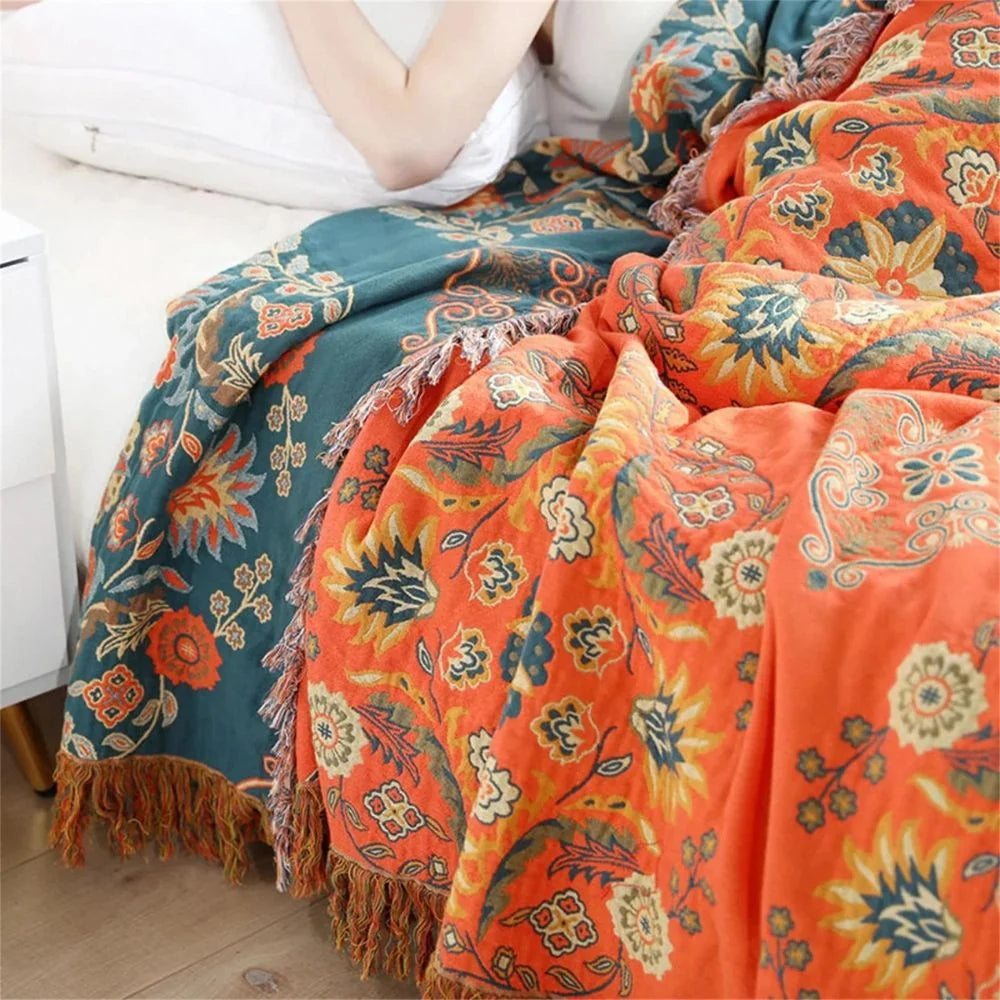 Throw Blanket Cotton Gauze Lightweight & Breathable Reversible Floral