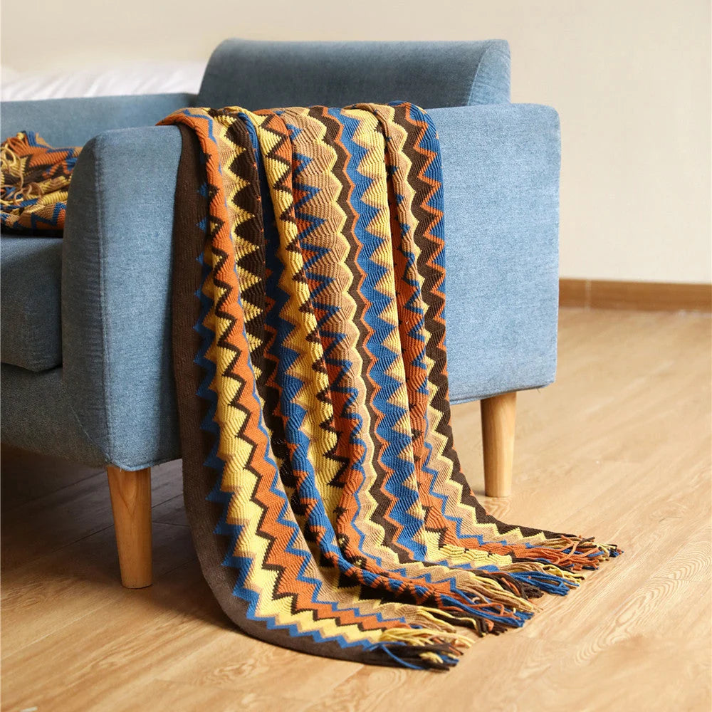 Throw Blanket Hand-Knitted Chevron Pattern Fringed Edges