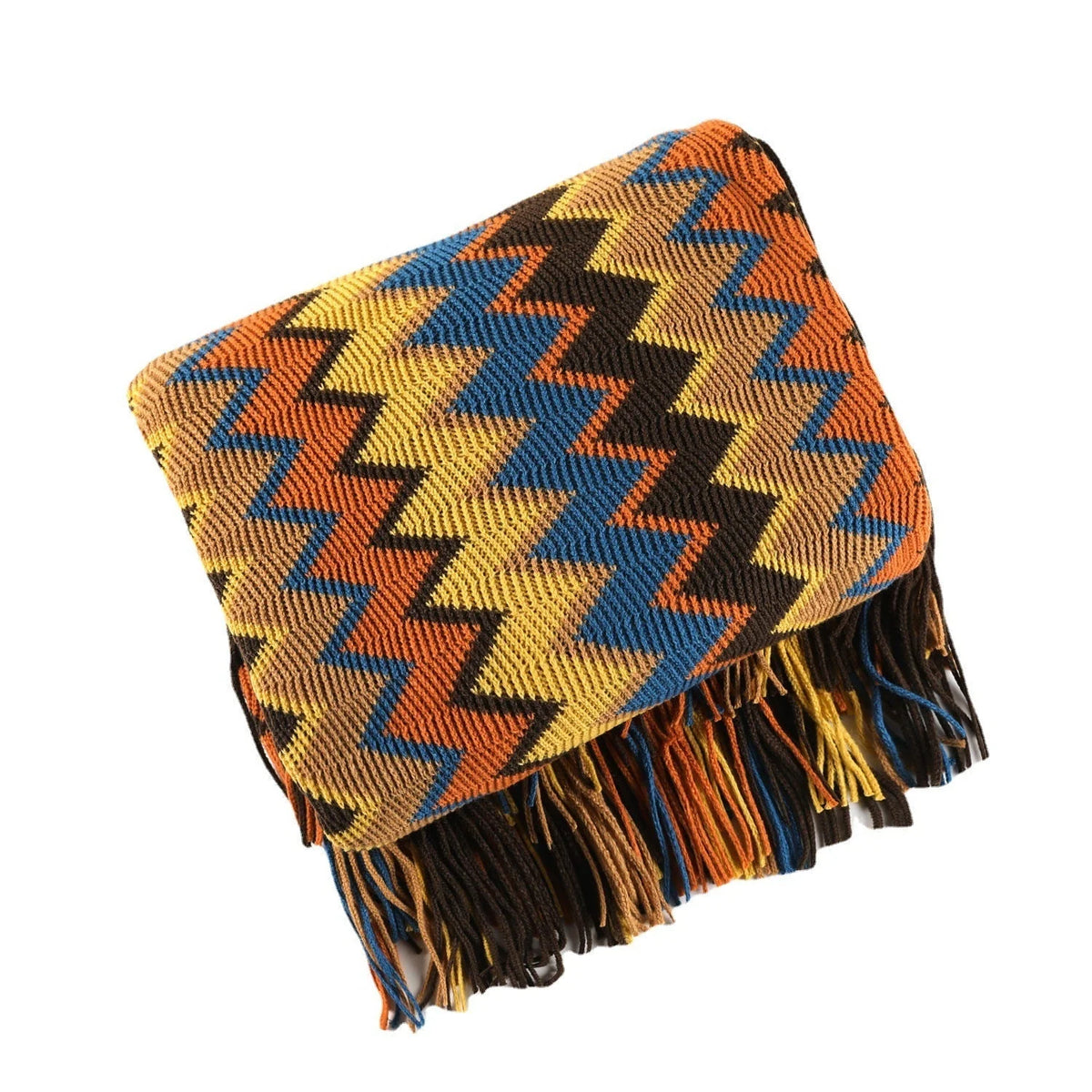 Throw Blanket Hand-Knitted Chevron Pattern Fringed Edges