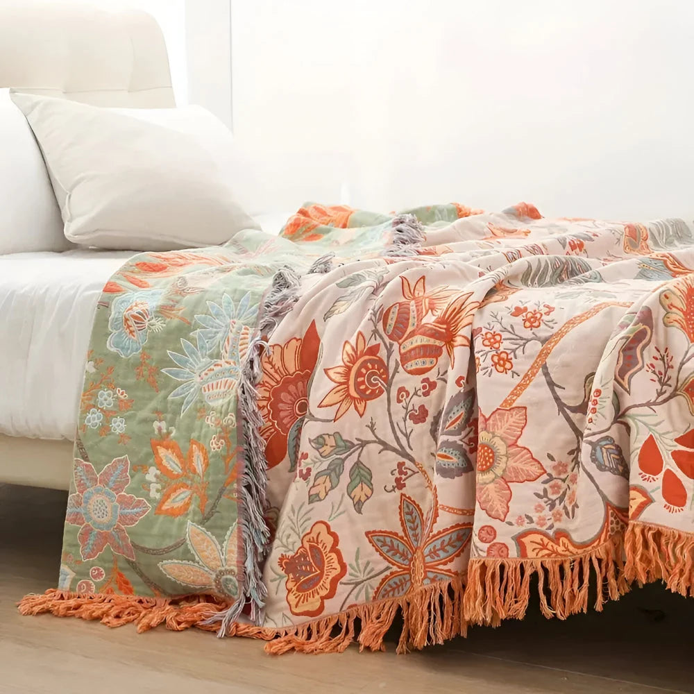 Throw Blanket Hand-Knotted Fringe Muted Floral