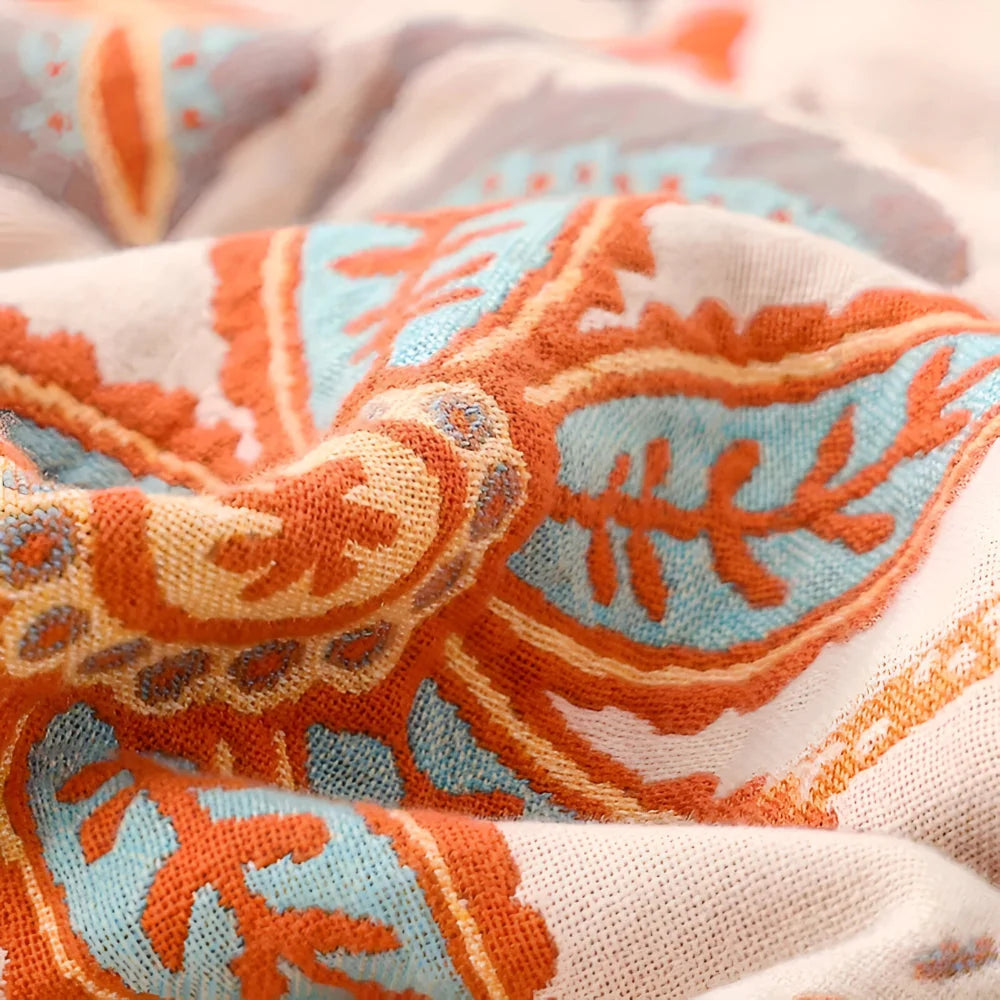 Throw Blanket Hand-Knotted Fringe Muted Floral
