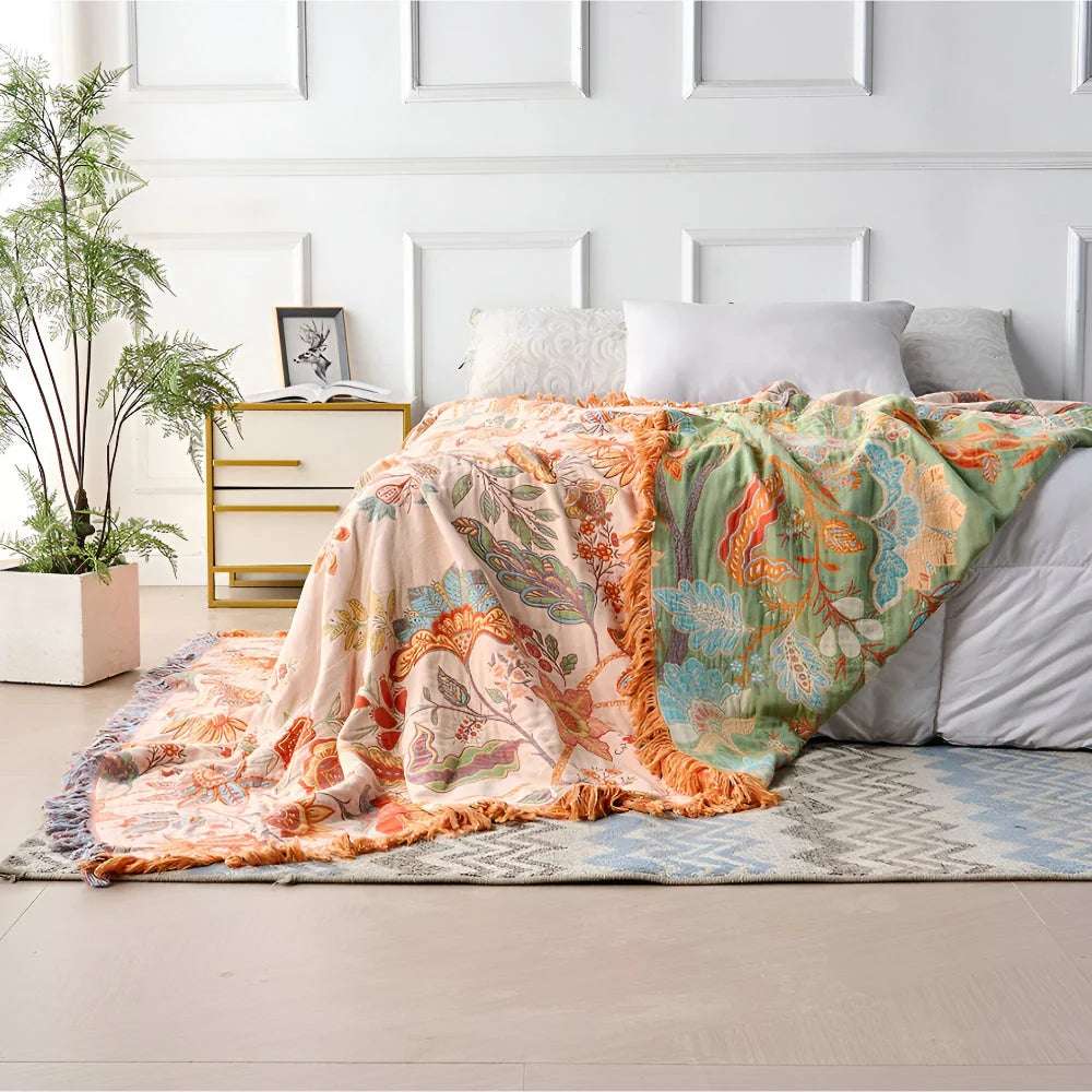 Throw Blanket Hand-Knotted Fringe Muted Floral