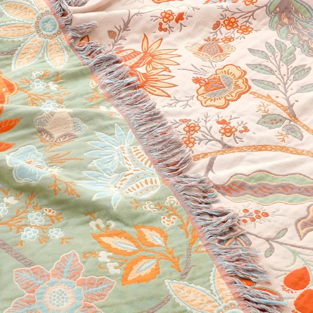Throw Blanket Hand-Knotted Fringe Muted Floral