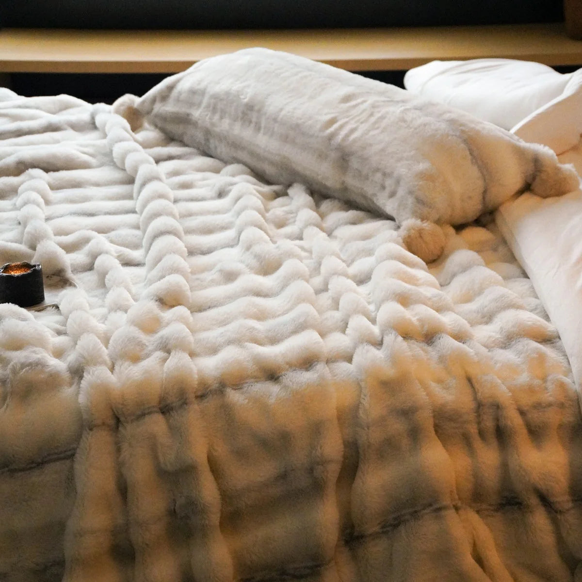 Throw Blanket Reversible Plush Faux Fur Quilted Wave Pattern