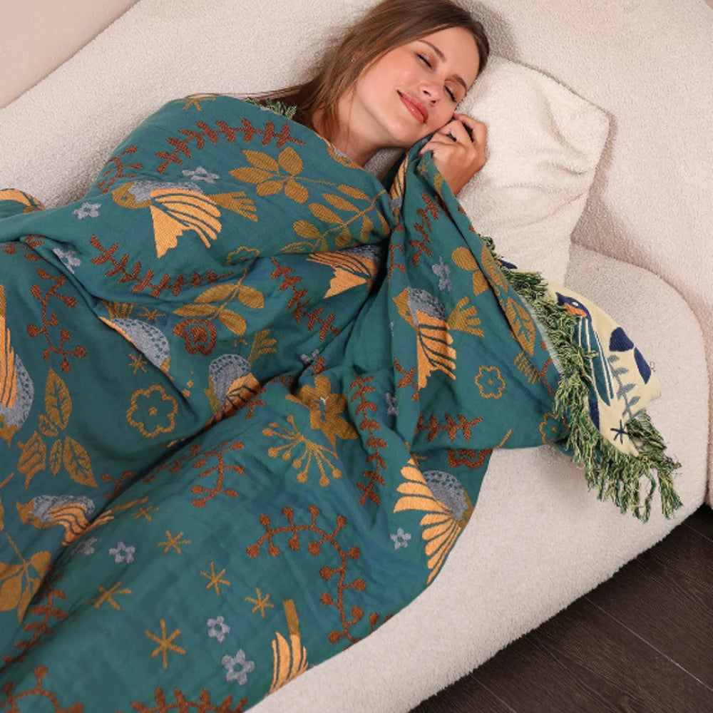 Throw Blanket Reversible Woven Scandinavian Bird Motif