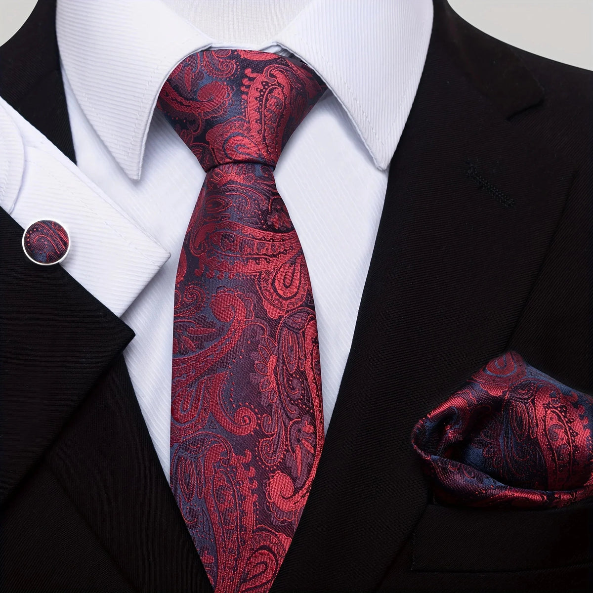 Tie Set Paisley Pocket Square, Tie Clip & Cufflinks