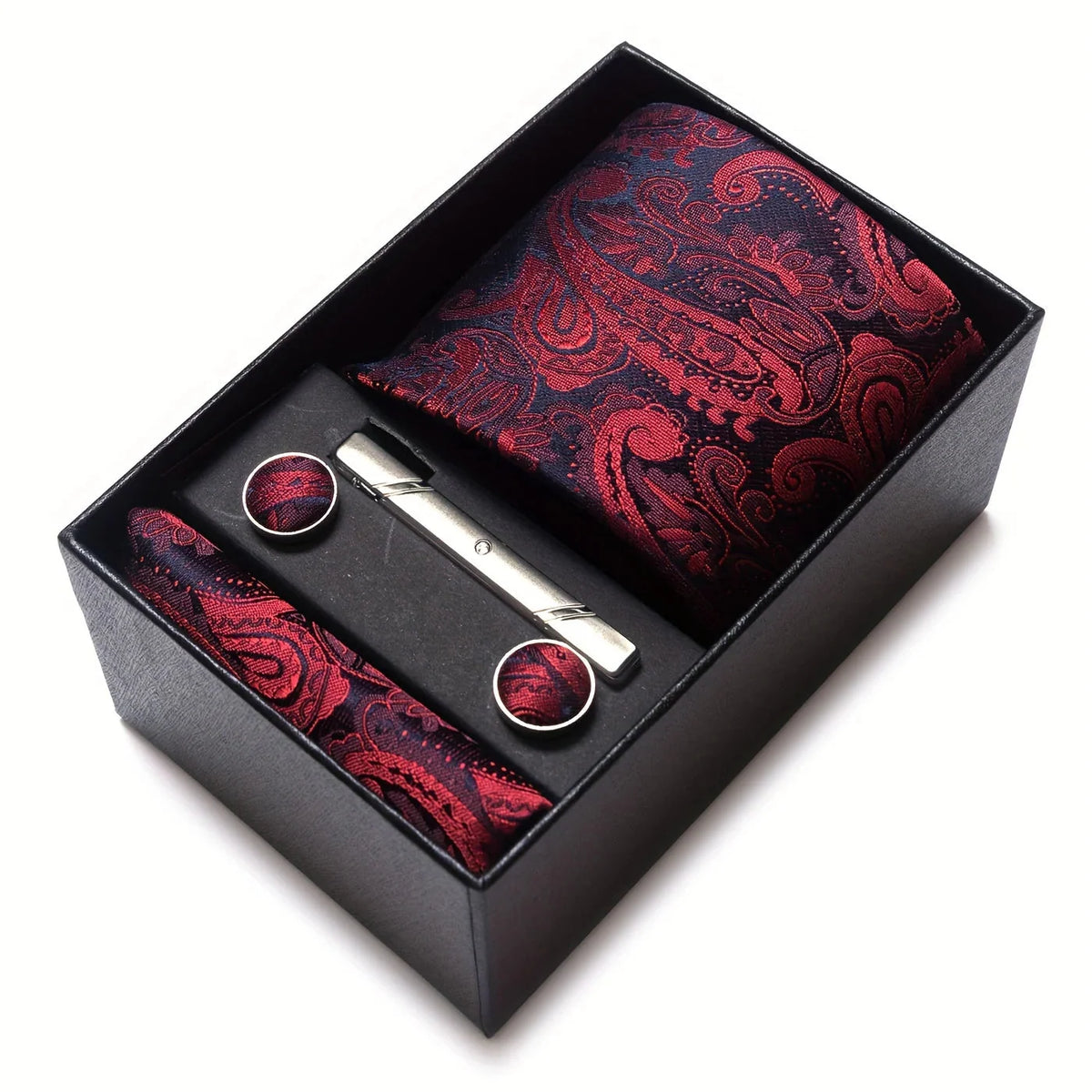 Tie Set Paisley Pocket Square, Tie Clip & Cufflinks