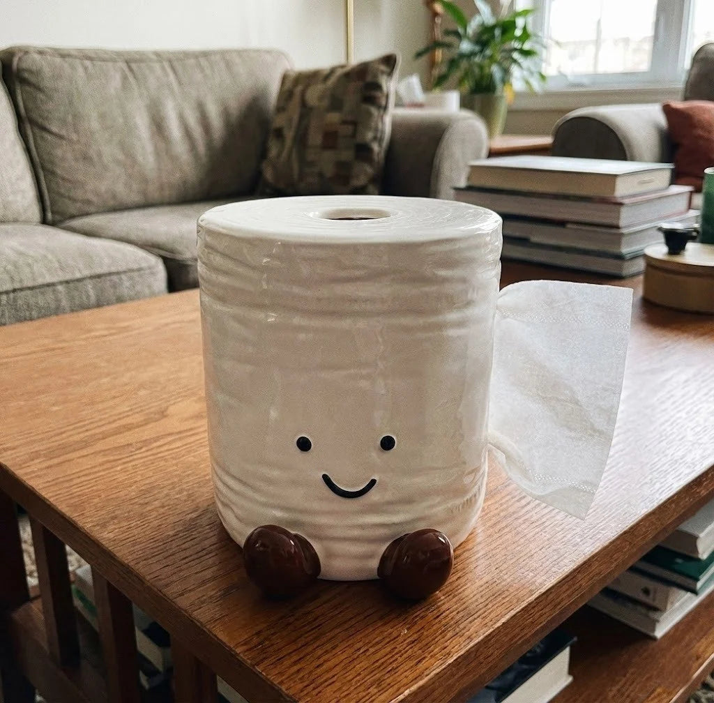 Tissue Box Holder Ceramic Smiley Character Design Top-Loading Access
