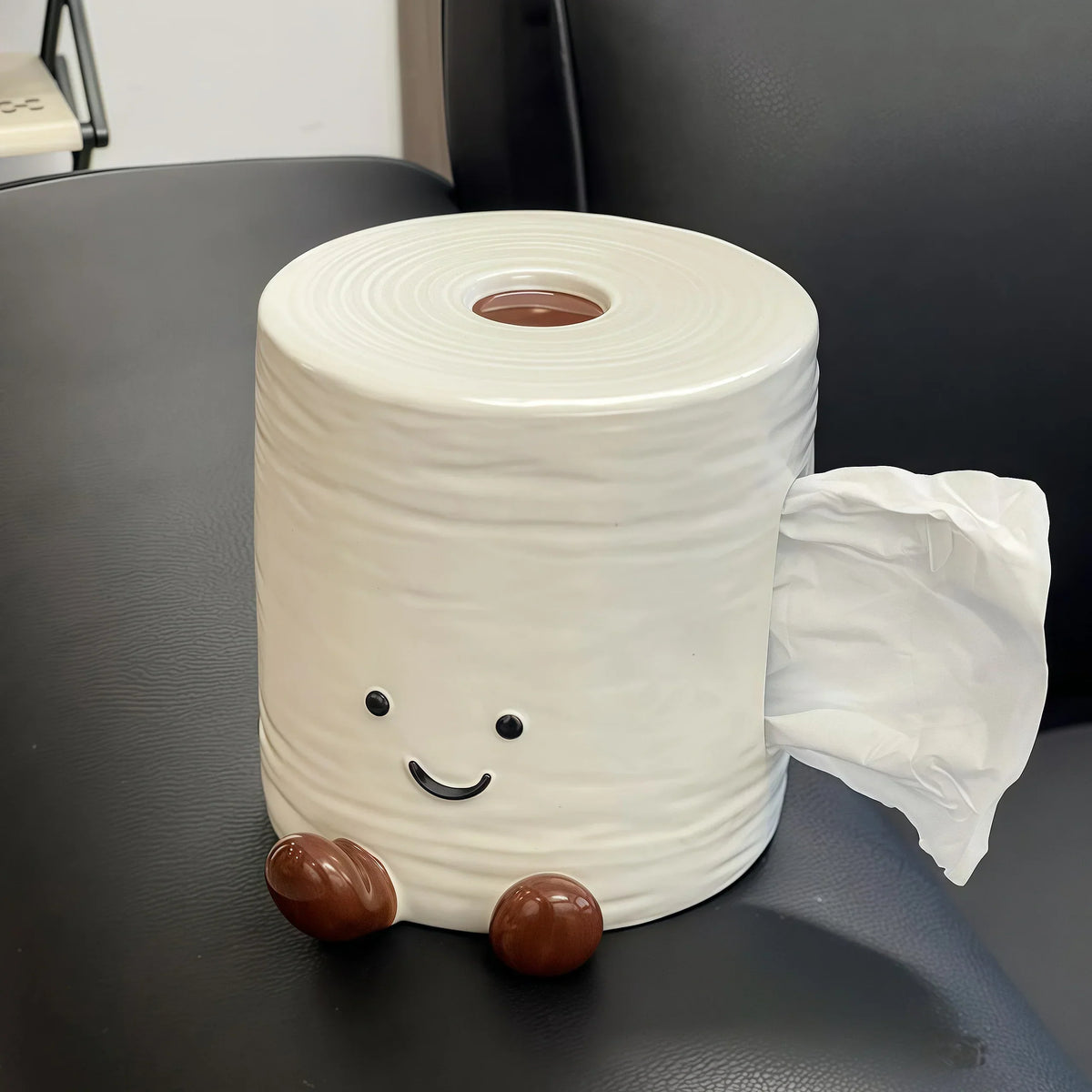 Tissue Box Holder Ceramic Smiley Character Design Top-Loading Access