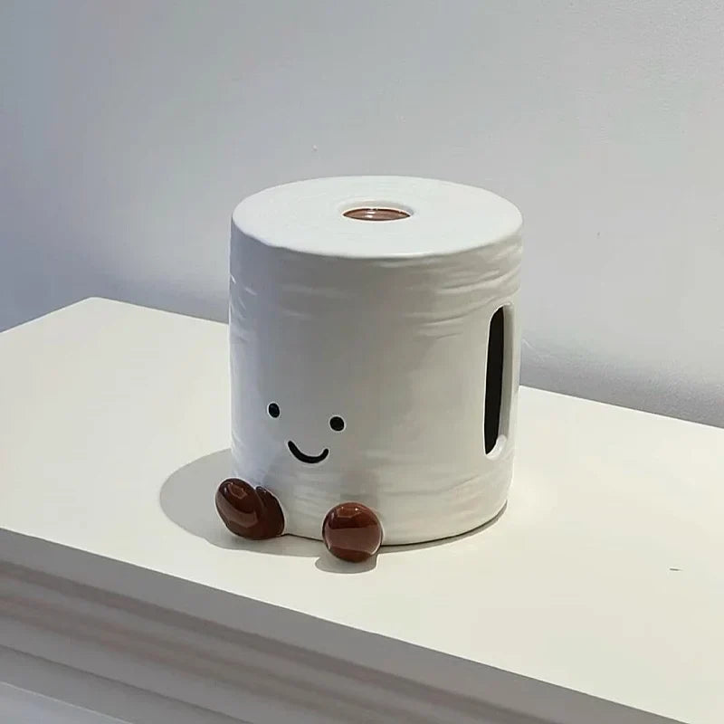 Tissue Box Holder Ceramic Smiley Character Design Top-Loading Access