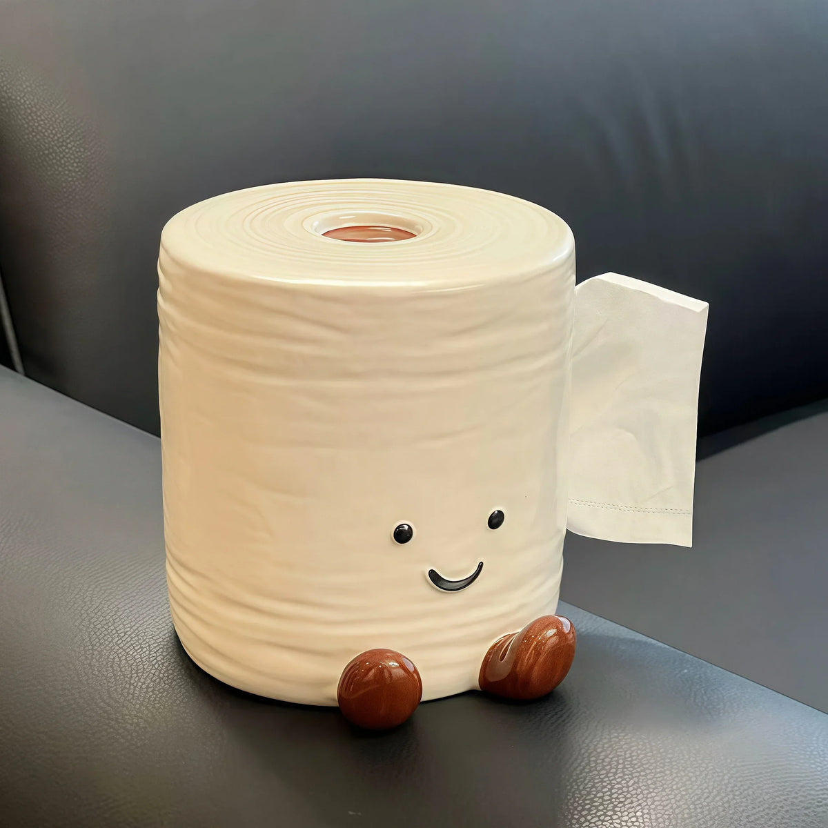 Tissue Box Holder Ceramic Smiley Character Design Top-Loading Access
