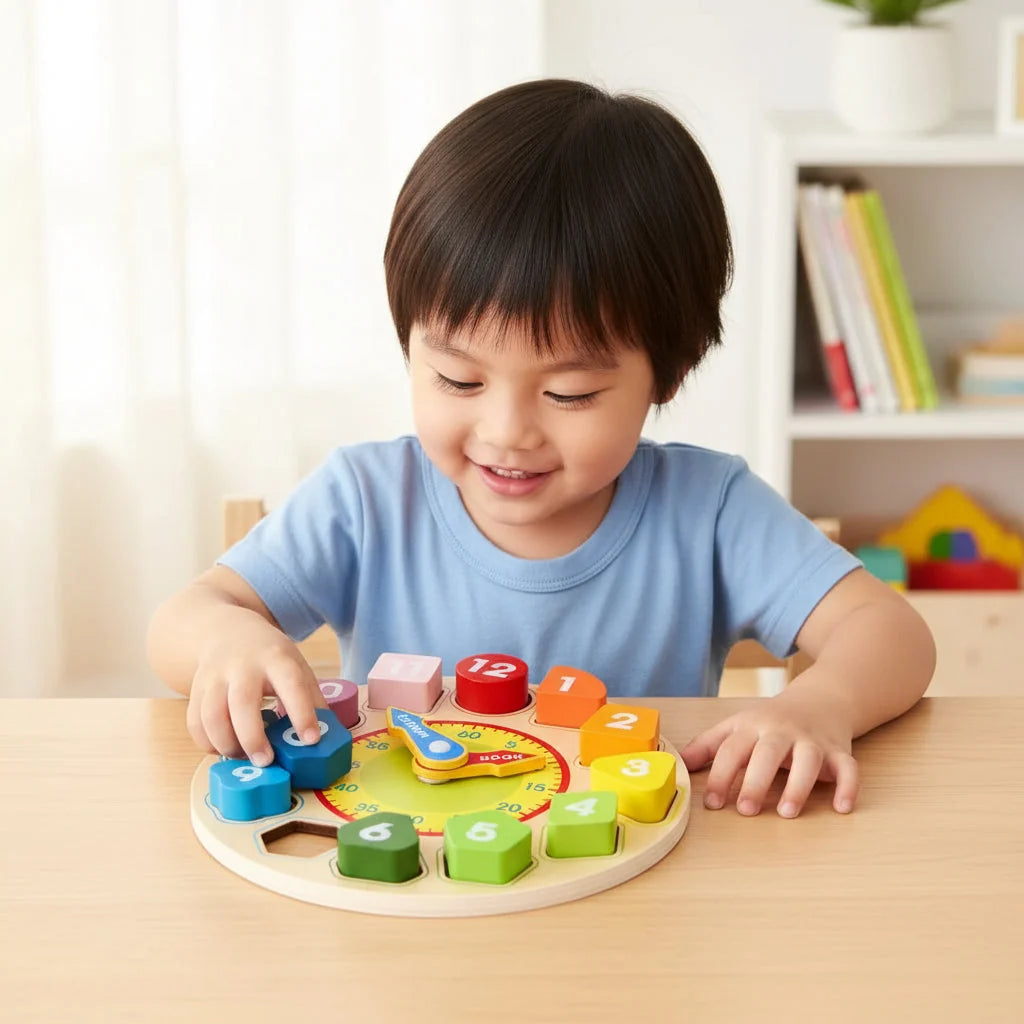 Toddler Learning Clock Solid Wood Removable Number Blocks
