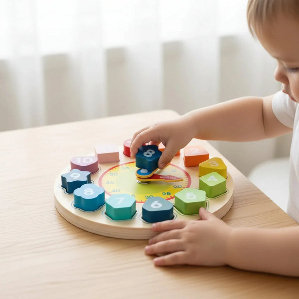 Toddler Learning Clock Solid Wood Removable Number Blocks