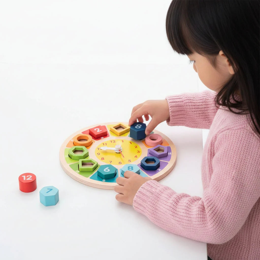 Toddler Learning Clock Solid Wood Removable Number Blocks