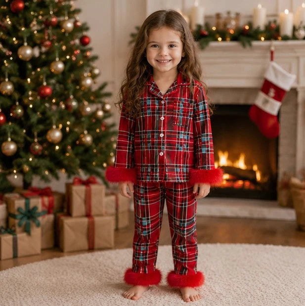 Toddler Pajama Set Fur-Trim Collar & Festive Prints