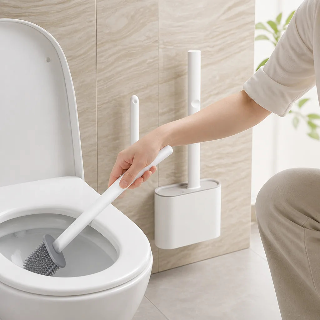 Toilet Brush Silicone Head Quick-Dry Holder Adhesive Wall Mount