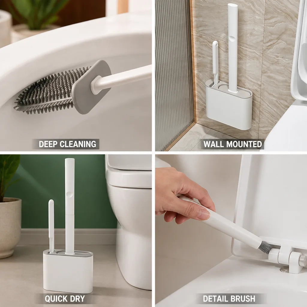 Toilet Brush Silicone Head Quick-Dry Holder Adhesive Wall Mount