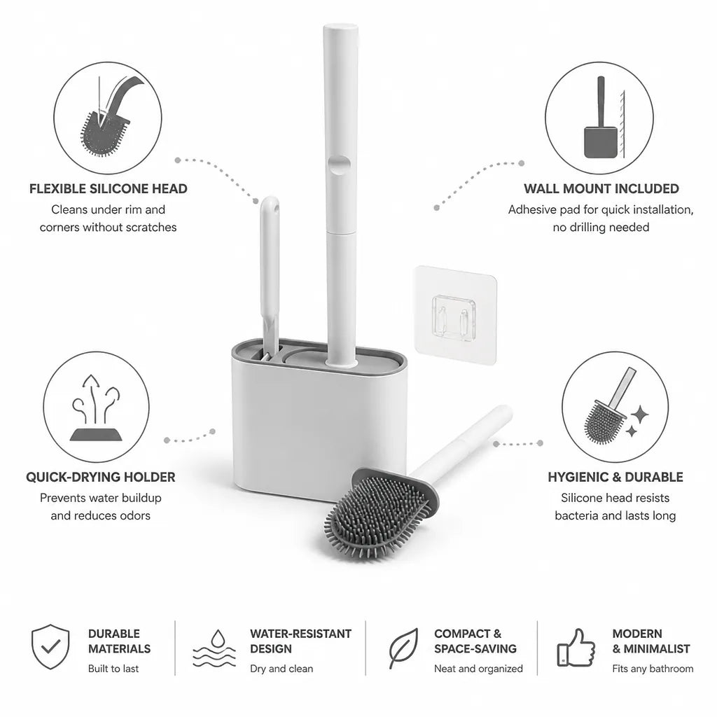 Toilet Brush Silicone Head Quick-Dry Holder Adhesive Wall Mount