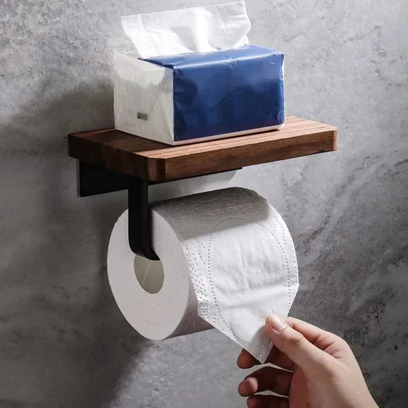 Toilet Paper Holder Wall-Mounted Wooden Phone Shelf