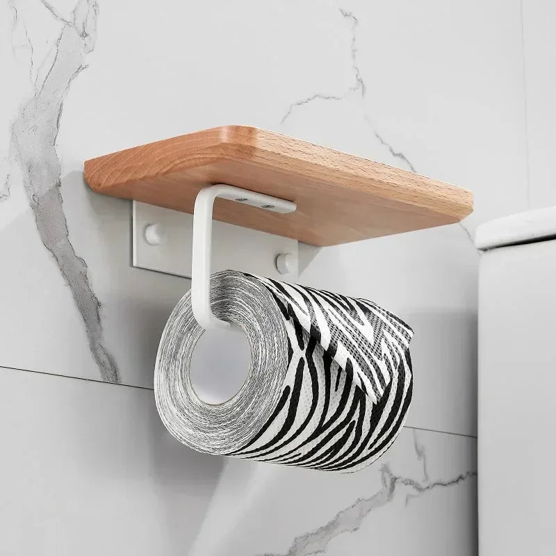 Toilet Paper Holder Wall-Mounted Wooden Phone Shelf