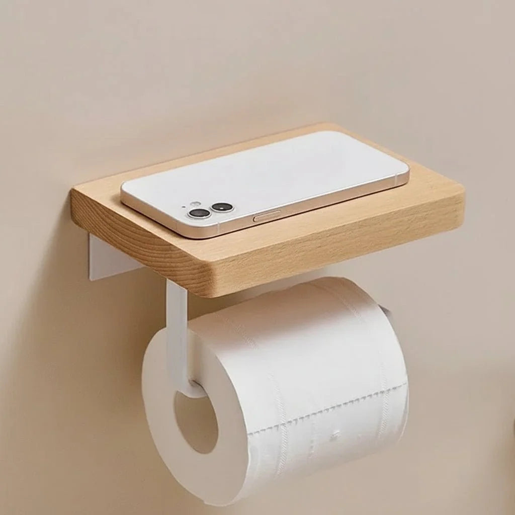 Toilet Paper Holder Wall-Mounted Wooden Phone Shelf