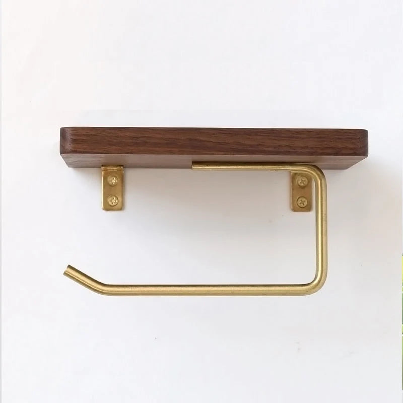 Toilet Paper Holder With Shelf Walnut Wood Wall-Mounted