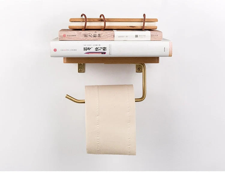 Toilet Paper Holder With Shelf Walnut Wood Wall-Mounted