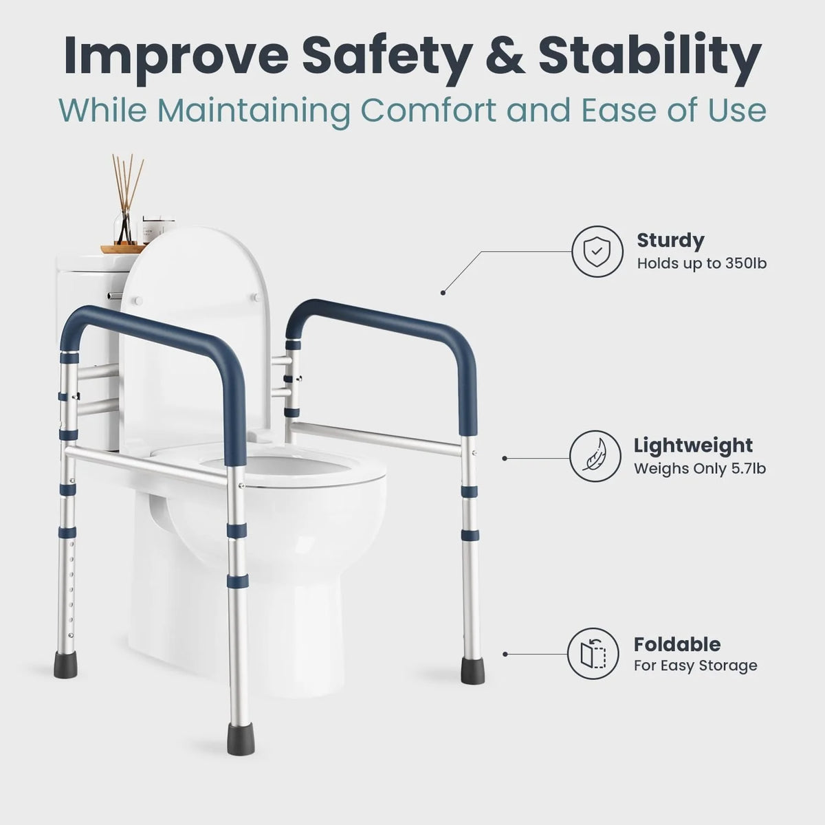 Toilet Safety Frame Adjustable Foldable 350 Pound Capacity