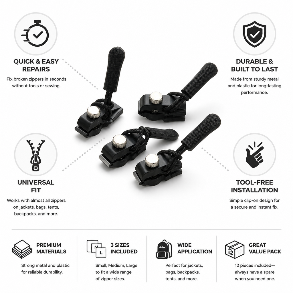 Tool-Free Clip-On Zipper Pulls (12 Pieces)