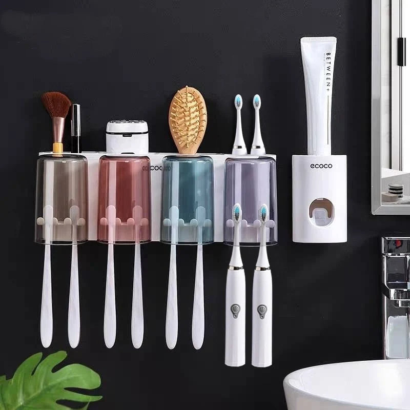 Toothbrush Holder With Toothpaste Squeezer & Cup Storage