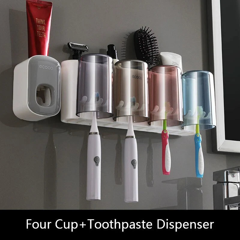 Toothbrush Holder With Toothpaste Squeezer & Cup Storage