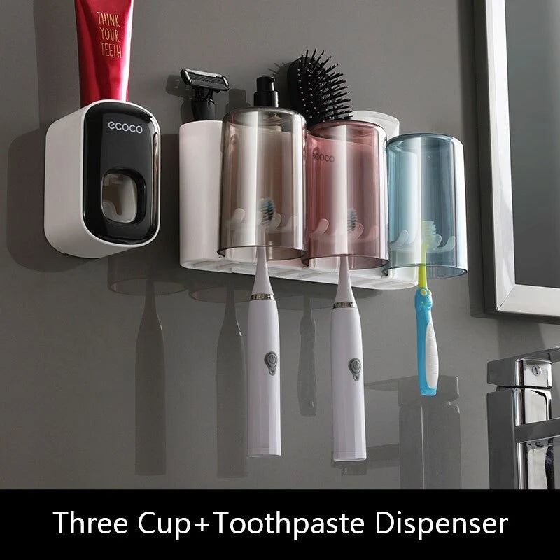 Toothbrush Holder With Toothpaste Squeezer & Cup Storage